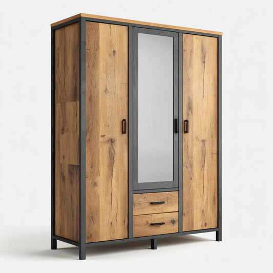 Armoire de chambre 3 portes avec miroir 2 tiroirs chêne et noir 160 x 60 x 200 cm panneaux mélaminés rectangulaire
