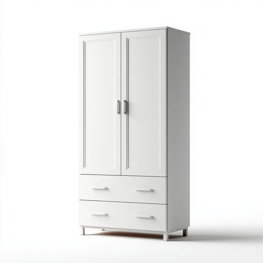 Armoire de chambre 2 portes 2 tiroirs blanche en panneaux de particules mélaminés 80 x 50 x 180 cm rectangulaire