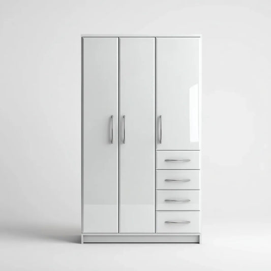 Armoire de chambre blanche à 3 portes et 4 tiroirs en panneaux de particules mélaminés 120 x 52 x 190 cm rectangulaire