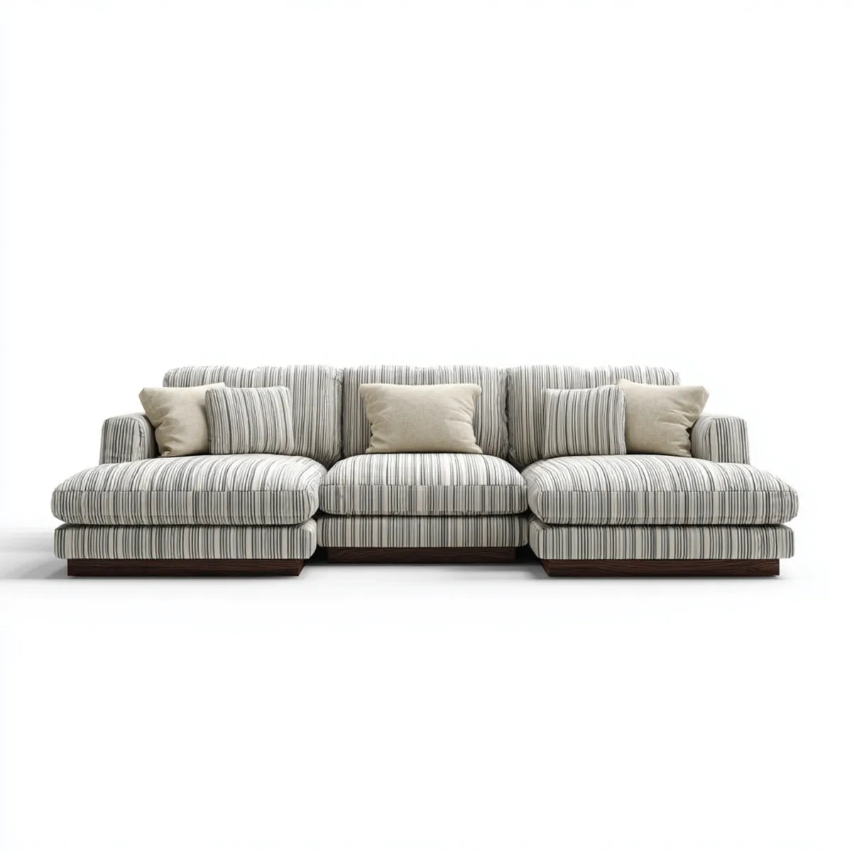 Canapé droit 3 places beige et gris rayé en polyester 250 x 105 x 85 cm