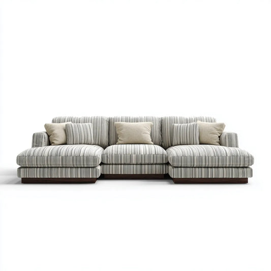 Canapé droit 3 places beige et gris rayé en polyester 250 x 105 x 85 cm