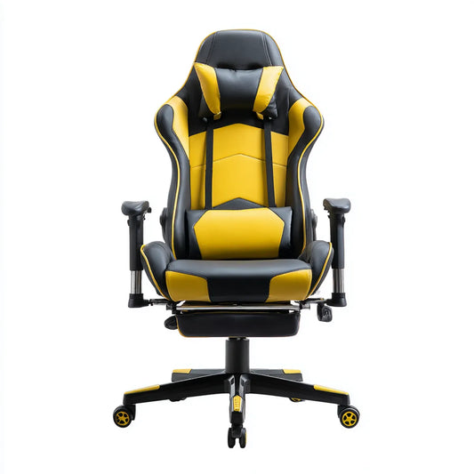 Chaise de bureau gaming noire et jaune en cuir PU forme baquet 66 x 70 x 125-135 cm avec repose-pieds