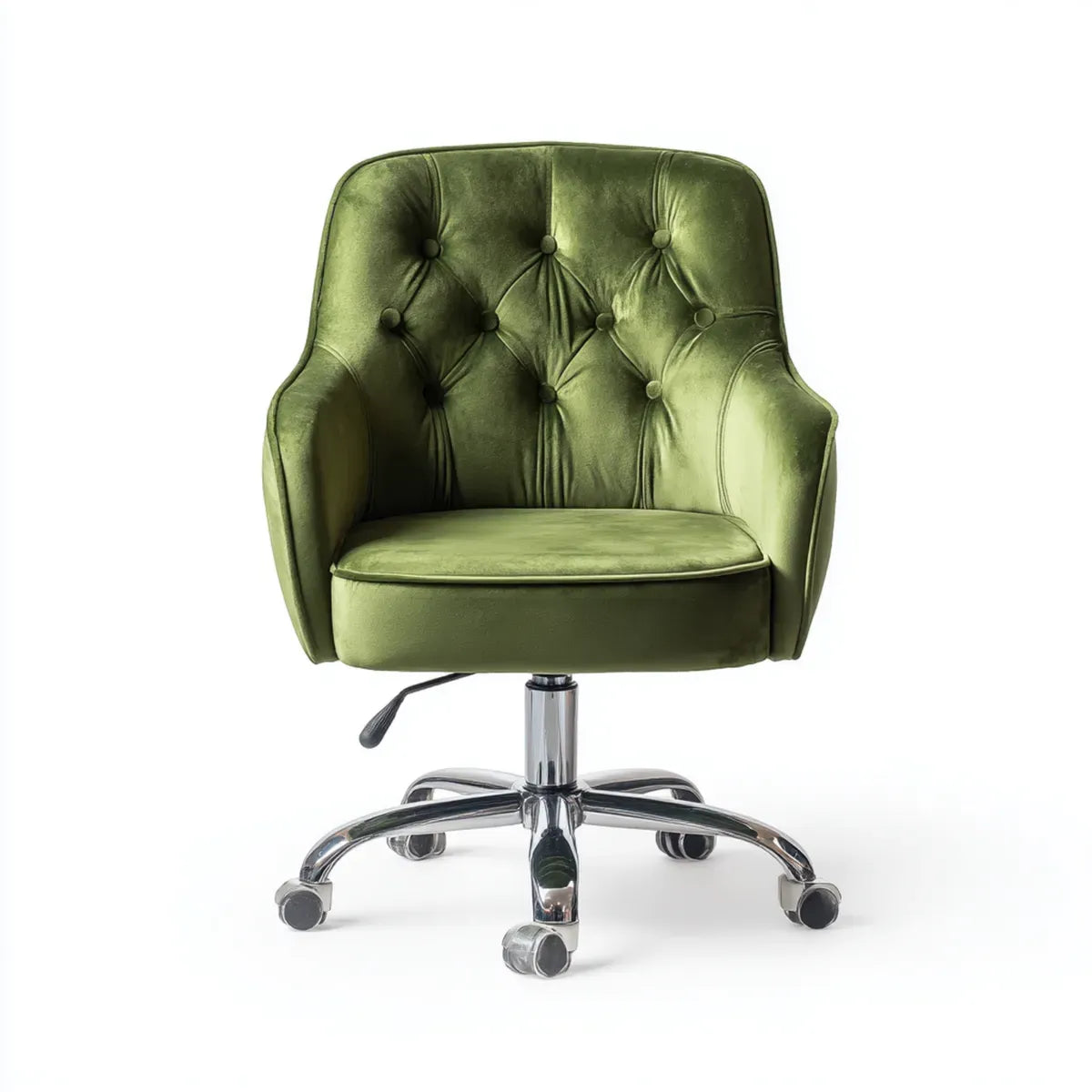 Fauteuil de bureau pivotant vert olive en velours polyester capitonné 63 x 65 x 89-99 cm