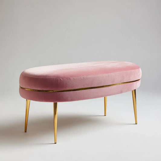Banc de bout de lit rose en velours polyester avec pieds dorés 110 x 40 x 48 cm forme ovale