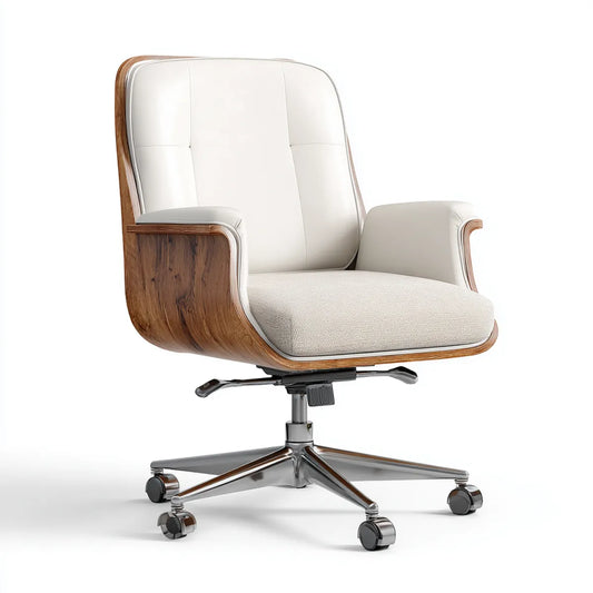 Fauteuil de bureau pivotant blanc et noyer en contreplaqué plaqué avec revêtement PU et polyester 68 x 68 x 112-120 cm