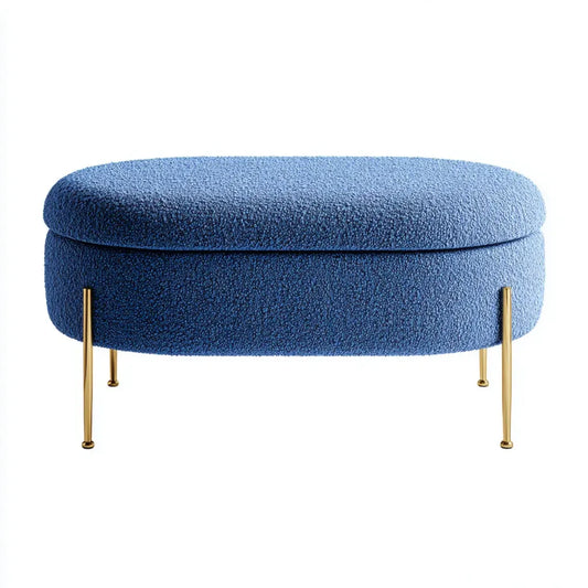 Banc de bout de lit ovale bleu en polyester bouclé avec pieds en acier 100 x 40 x 45 cm