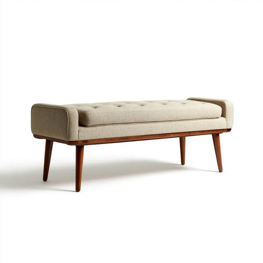 Banc de bout de lit beige 150 x 50 x 60 cm tissu polyester bois massif rectangulaire