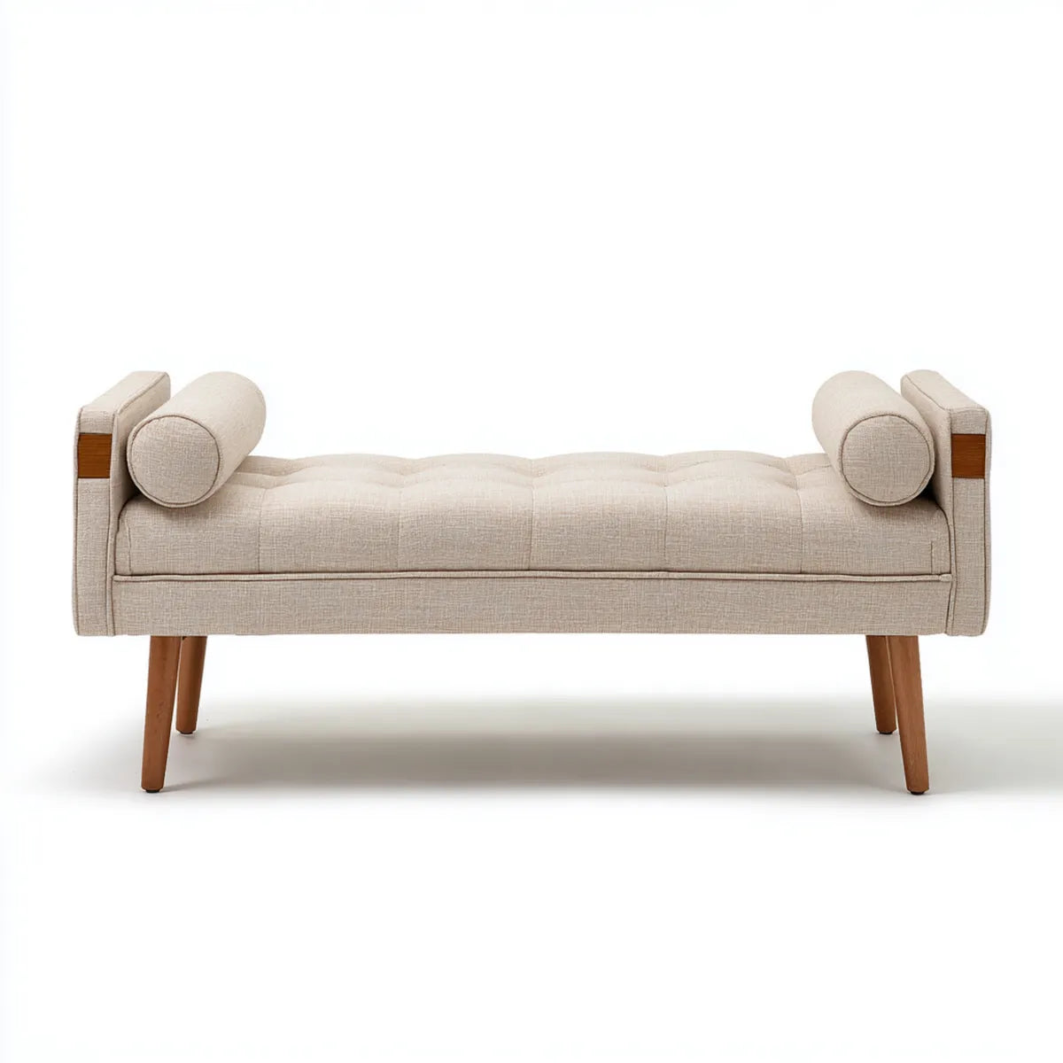 Banc de bout de lit capitonné beige 130 x 52 x 62 cm en polyester et bois d'hévéa avec accoudoirs