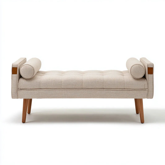 Banc de bout de lit capitonné beige 130 x 52 x 62 cm en polyester et bois d'hévéa avec accoudoirs