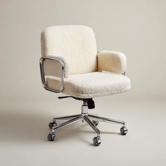 Chaise de bureau pivotante crème 62 x 63 x 88-98 cm en polyester bouclette avec accoudoirs