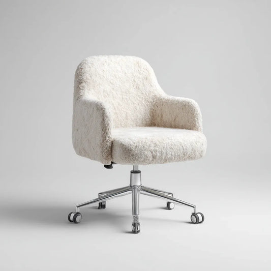 Chaise de bureau pivotante blanche en polyester bouclé forme enveloppante 62 x 62 x 78-88 cm